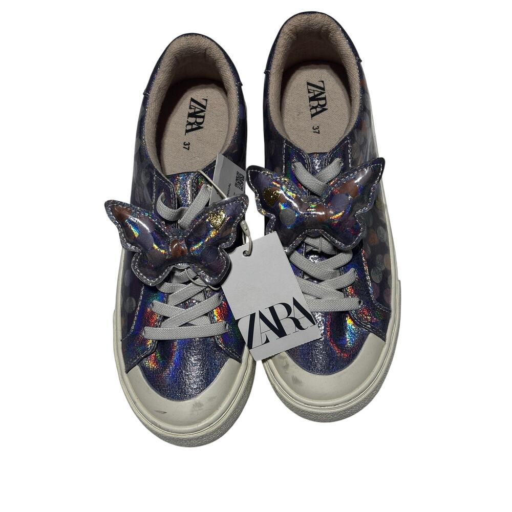 Zara 5 silver iridescent butterfly sneakers white soles nwt